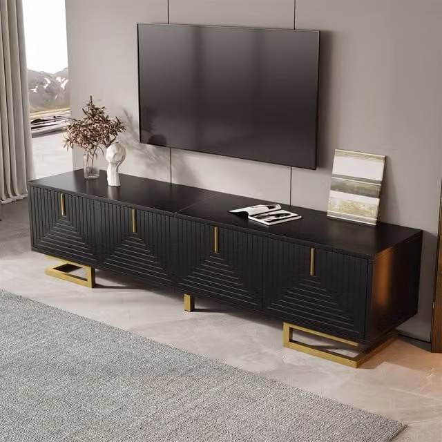 Merax Modern 160cm TV Stand with 4 Geometric Textured Doors and Gold Legs in Black, W: 160 cm, D: 44.5 cm, H: 38 cm – 1