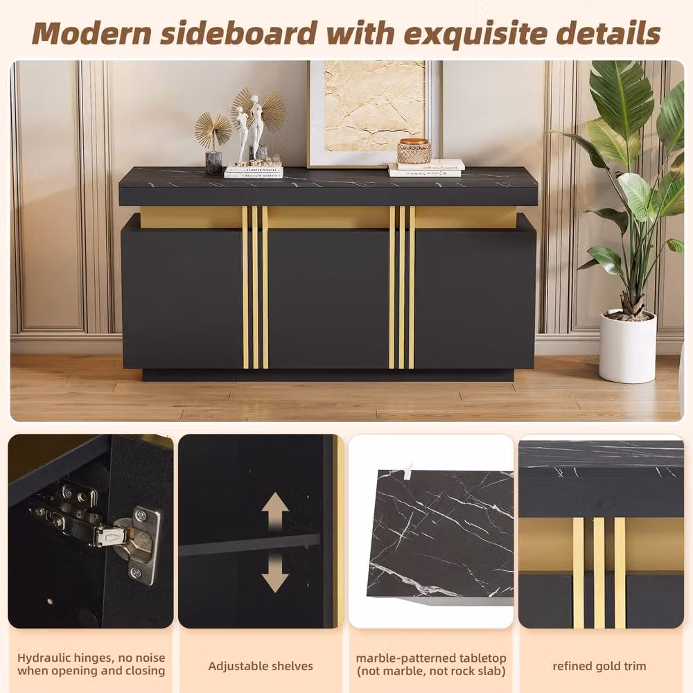 Matteo Modern Black and Gold Buffet Cabinet with Integrated Lighting and Faux Marble Top – 4