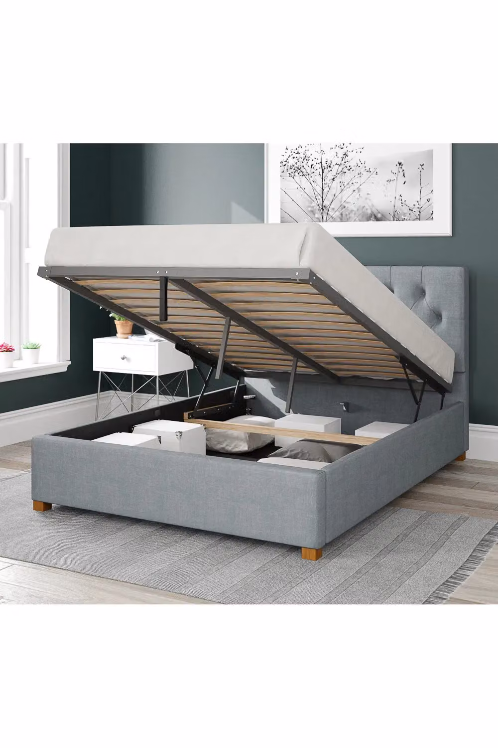Aspire Olivier Upholstered Ottoman Storage Bed in Blue Fabric, W/D/H: 140 x 200 cm – 2