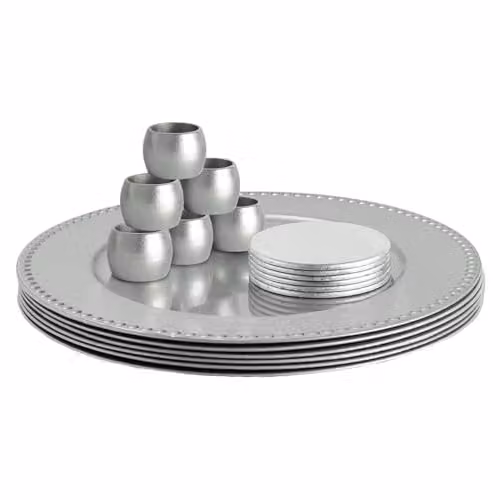 Argon Tableware 18pc Silver Melamine Round Charger Plate Set with Coasters and Napkin Rings, Diameter: 33 cm – 1