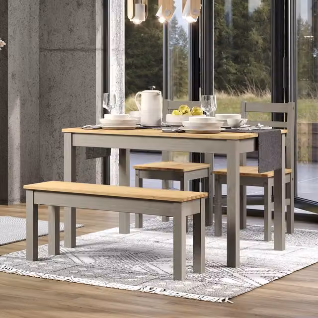 Core Products Ltd Linea Grey Dining Set with 150 cm Rectangular Table, Bench Seat and 2 Ladder Back Chairs in Grey Washed Wax Pine