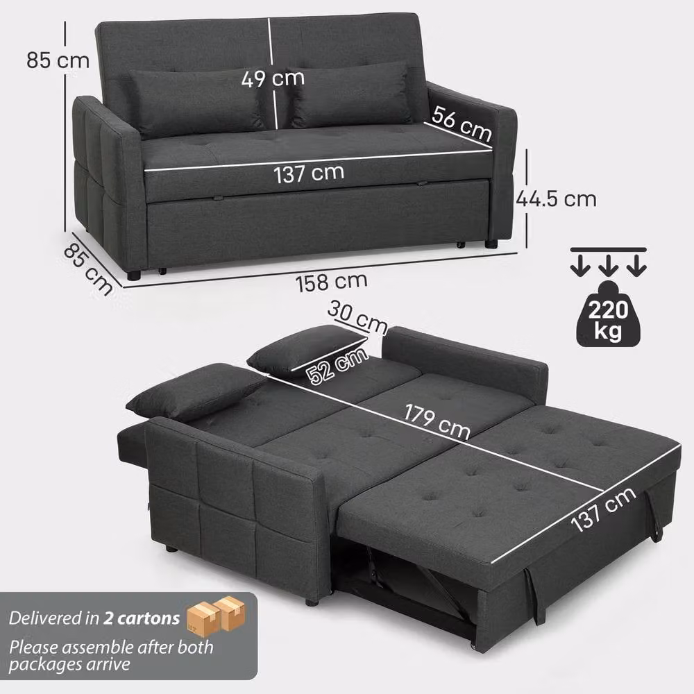 STILVORA Modern Grey Fabric Two-Seater Click-Clack Sofa Bed with Armrests and Castors – 3