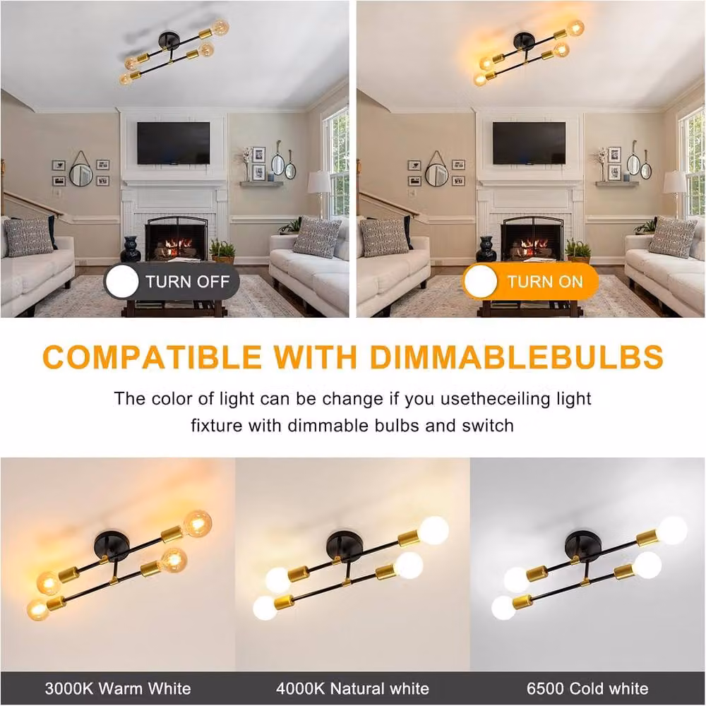 Goeco Industrial 4-Light Vintage Ceiling Chandelier in Black and Gold/Brass with E27 Sockets – 2