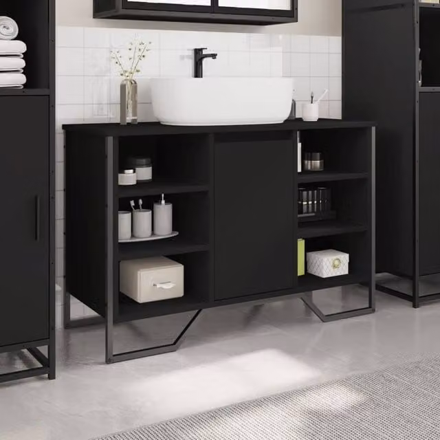 Berkfield Home Modern Black Freestanding Bathroom Sink Cabinet with Hinged Doors and Internal Shelves, W/D/H: 91 x 35 x 60 cm – 1
