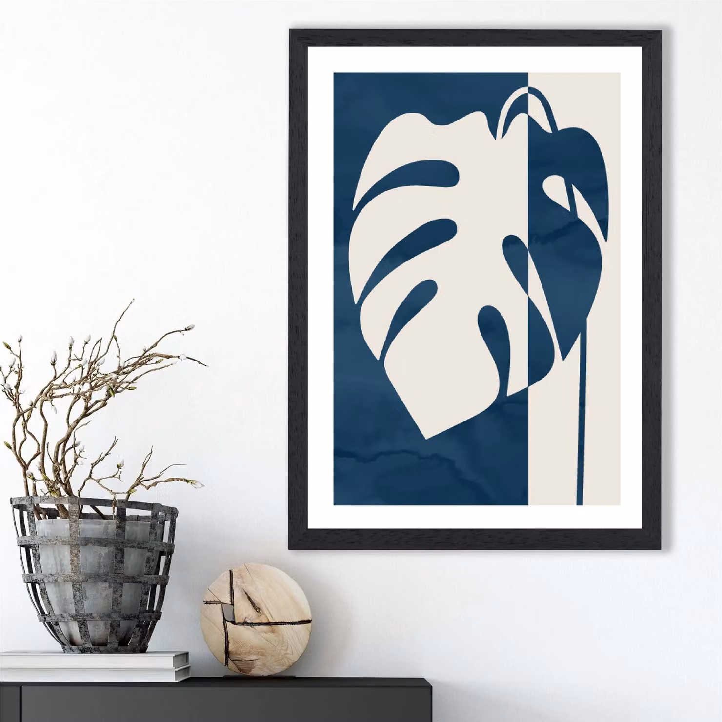 ARTZE Navy Blue Monstera Mid Century Tropical Framed Print with Black Frame – 2