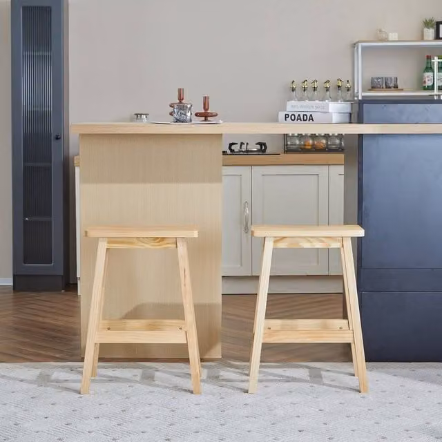KORVIXA Wooden Saddle Seat Counter Stools with Footrest in Natural Brown and Sand, H 100 cm x W 15 cm x D 15 cm