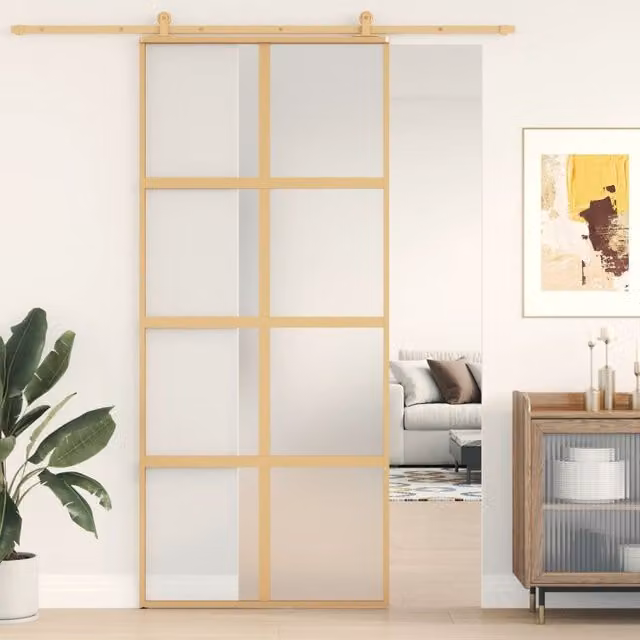 Berkfield Home Sliding Door in Gold with Frosted ESG Glass and Aluminium, W: 90 cm, H: 205 cm