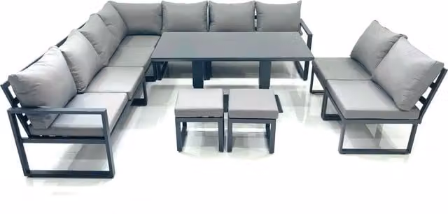 Fimous 11 Seater Outdoor Garden Furniture Set with Corner Sofa, 2 Footstools and Height Adjustable Dining Table in Dark Grey