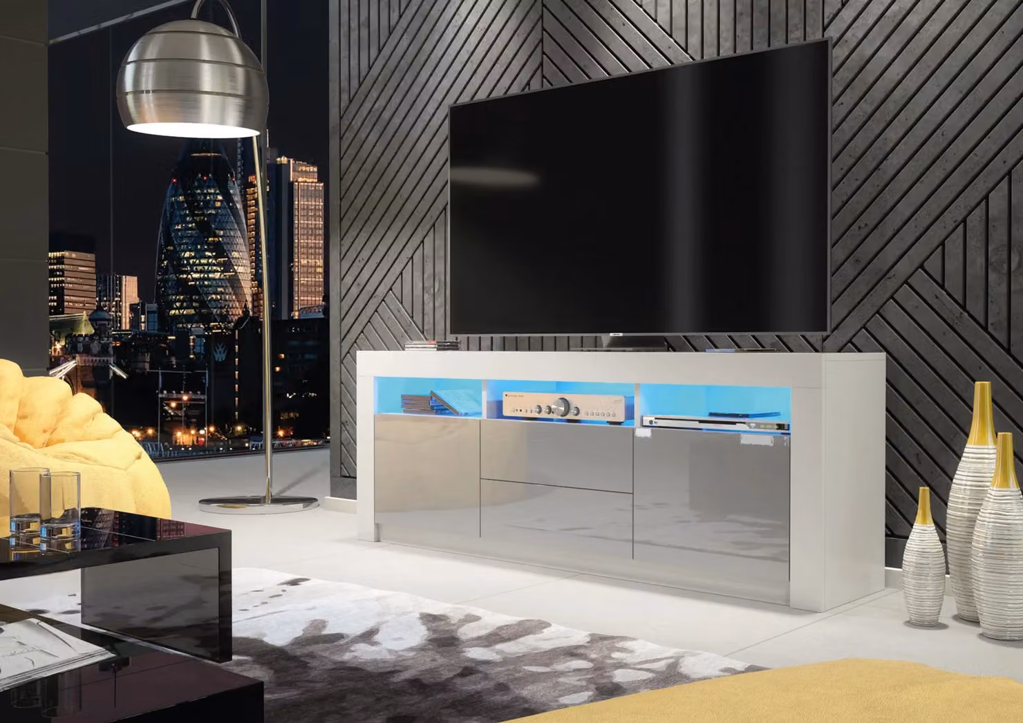 Creative Furniture Shine Modern Glossy TV Unit in Grey and White with Integrated Lighting, W: 160 cm, H: 60 cm, D: 35 cm – 2