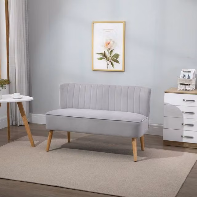 HOMCOM Grey Velvet Double Love Seat Sofa with Solid Wood Frame