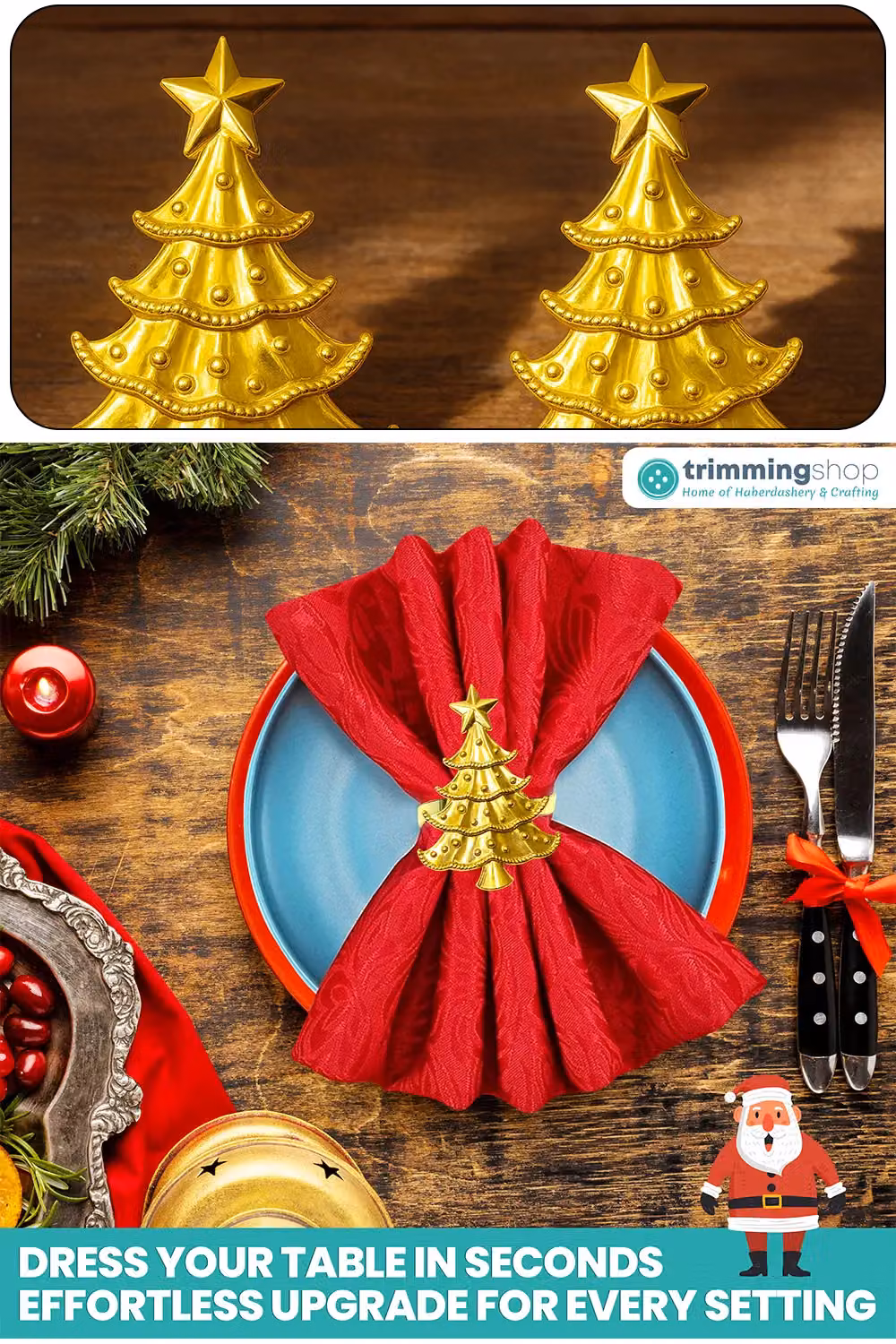 Neel Blue Gold Star-Topped Christmas Tree Napkin Rings, 6-Piece Metal Set – 3