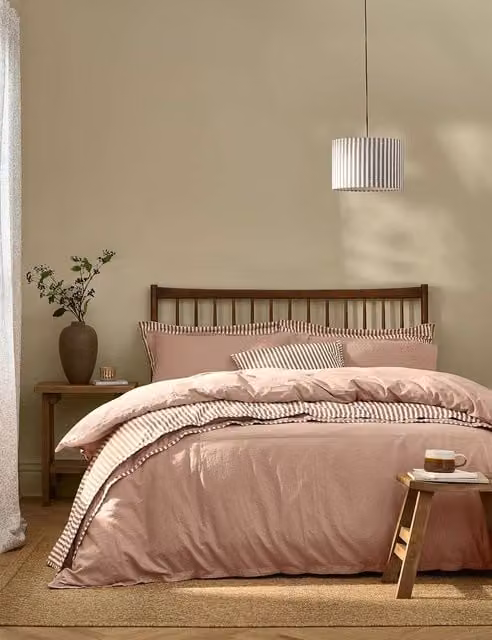 YARD Hebden Pink Striped Pure Cotton Percale Bedding Set including Duvet Cover and Pillowcase, 90x190 cm