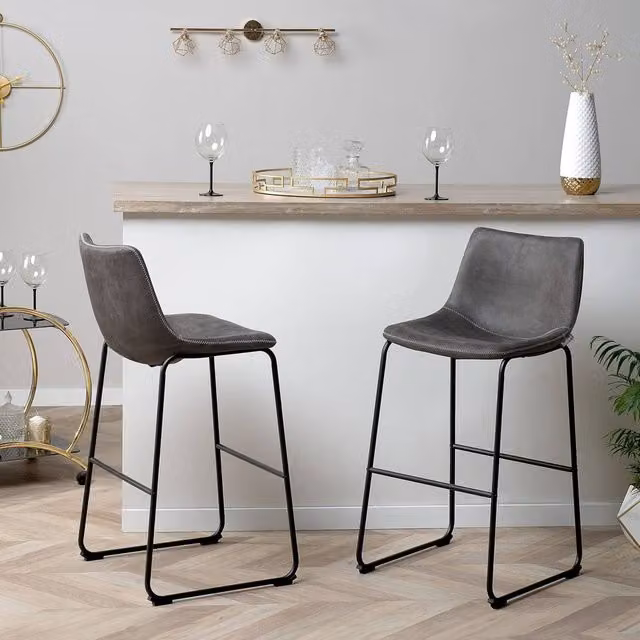 Wyld and Coco Set of 2 Mid-Century Bar Stools in Dark Grey Fabric with Black Metal Legs – 1
