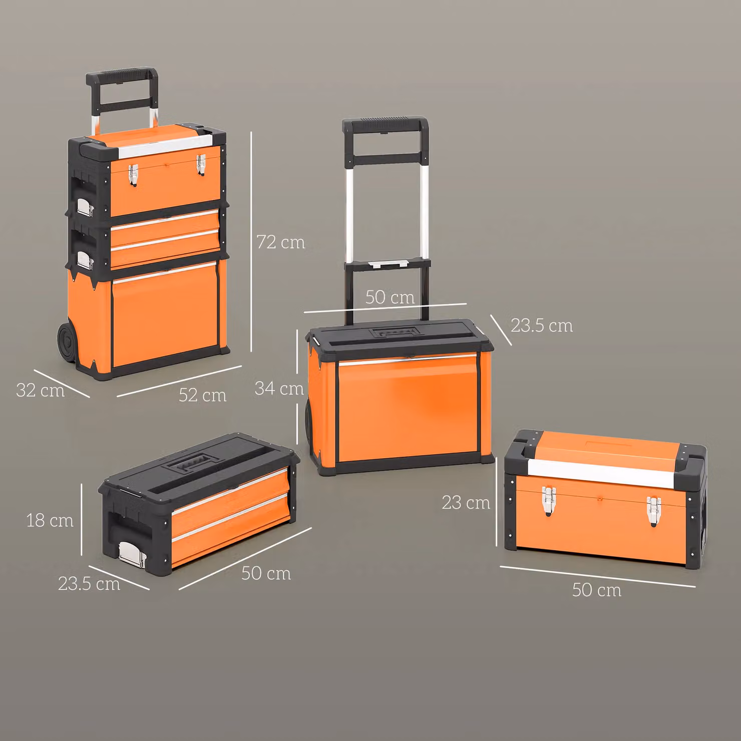 HOMCOM 3-Tier Stackable Steel Rolling Toolbox with Inserts, Orange, W/D/H: 52 x 32 x 72 cm – 3