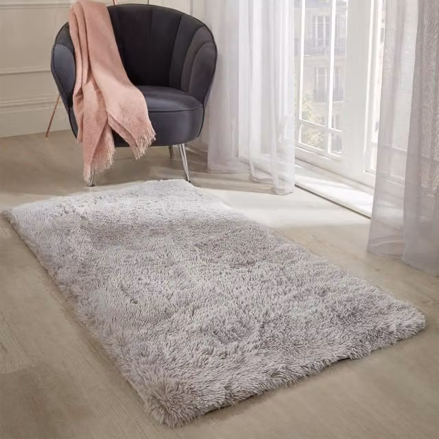 Sienna Fluffy Shaggy Rectangular Floor Mat in Silver and Grey, Width: 60 cm