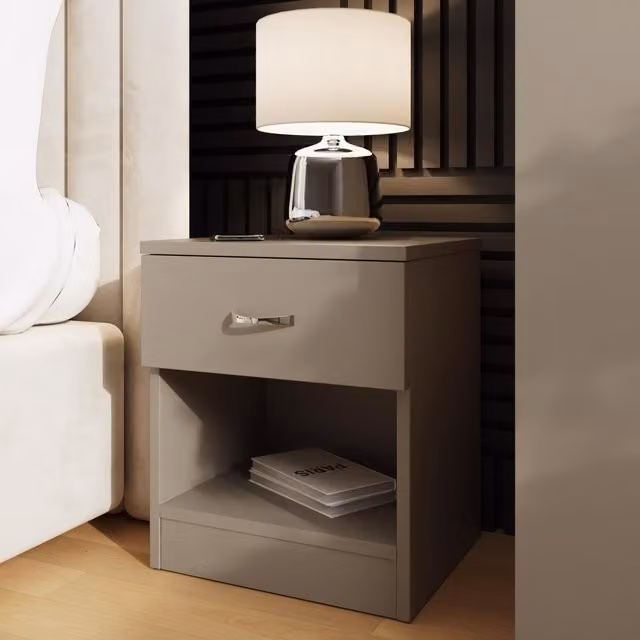 FWStyle Modern 1 Drawer Nightstand with Open Shelf and Curved Metal Handles in Matt Putty Grey/Beige