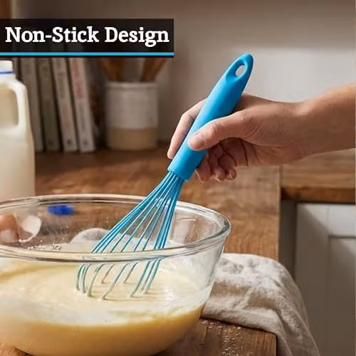 Premier Housewares Silicone Kitchen Whisk, Blue, Heat Resistant and Non-Scratch with Hanging Loop – 3