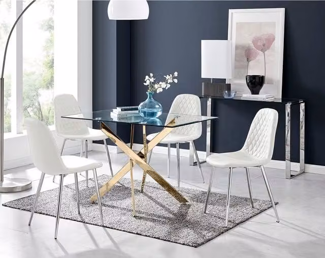 FurnitureboxUK Leonardo Rectangular Glass Dining Table with Four Corona Faux Leather Chairs in White, Gold, Transparent and Silver