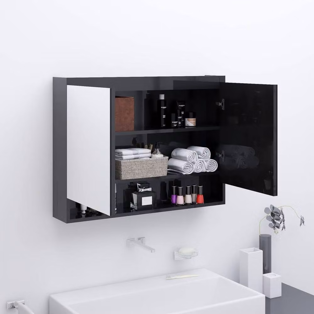 Berkfield Home Modern Glossy Black Bathroom Mirror Cabinet, W: 80 cm, H: 60 cm, D: 15 cm – 2