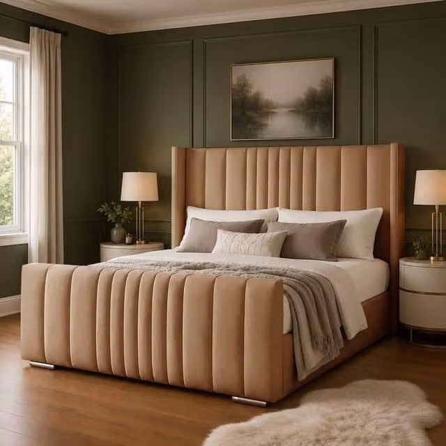 Desire Deco Luxury Austin Wingback Panel Bed Frame in Beige, Small Double (W/D/H: 120 x 200 cm)