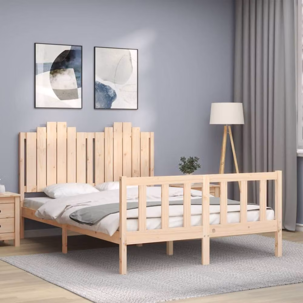 Berkfield Home Double Solid Wood Bed Frame with Headboard in Light Brown, W: 140 cm, L: 200 cm – 2