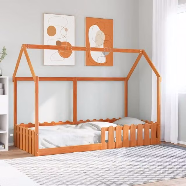 Berkfield Home Kids House Bed Frame in Waxed Brown Rustic Pine, W/D/H: 90 x 200 cm