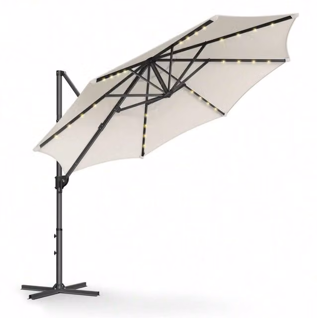 SONGMICS Solar LED Cantilever Garden Parasol Umbrella in White with UPF 50 Protection
