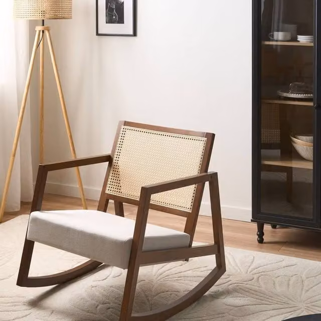 Wyld and Coco Scandinavian Rocking Armchair in Beige Woven Fabric with Solid Rubberwood Frame