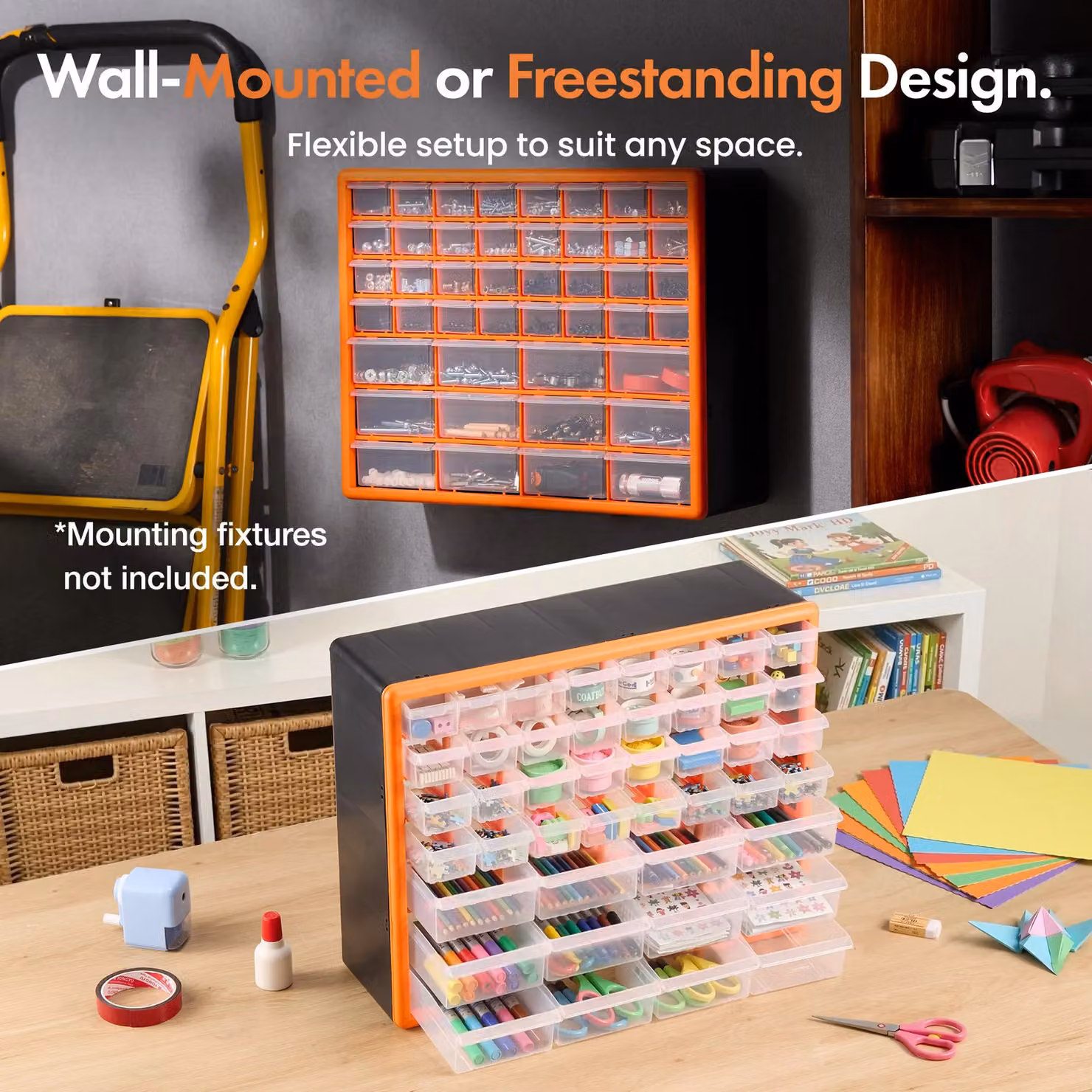VonHaus 44 Drawer Multi Organiser for Small Parts in Orange and Transparent Plastic, Wall Mounted, W: 27.7 cm, D: 17.5 cm, H: 25.6 cm – 4