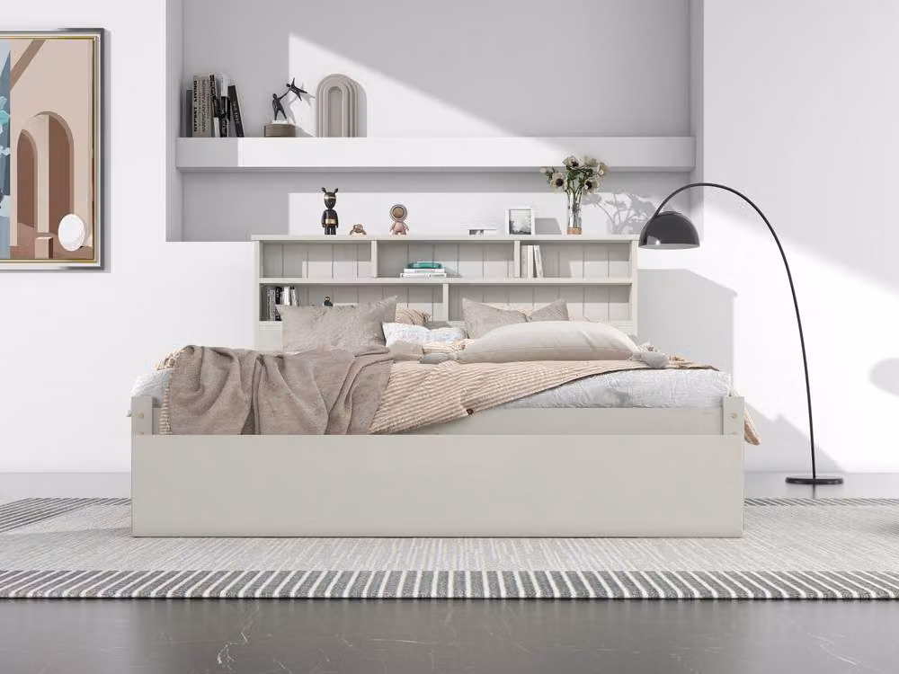 Rolipo White Wooden Double Storage Bed with Bedside Shelves and Drawer, 140 x 200 cm – 2