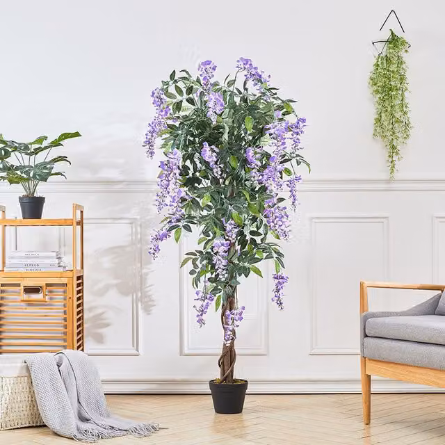 Livingandhome Artificial Realistic Purple Blossom Bean Flower Tree in Black Metal Pot