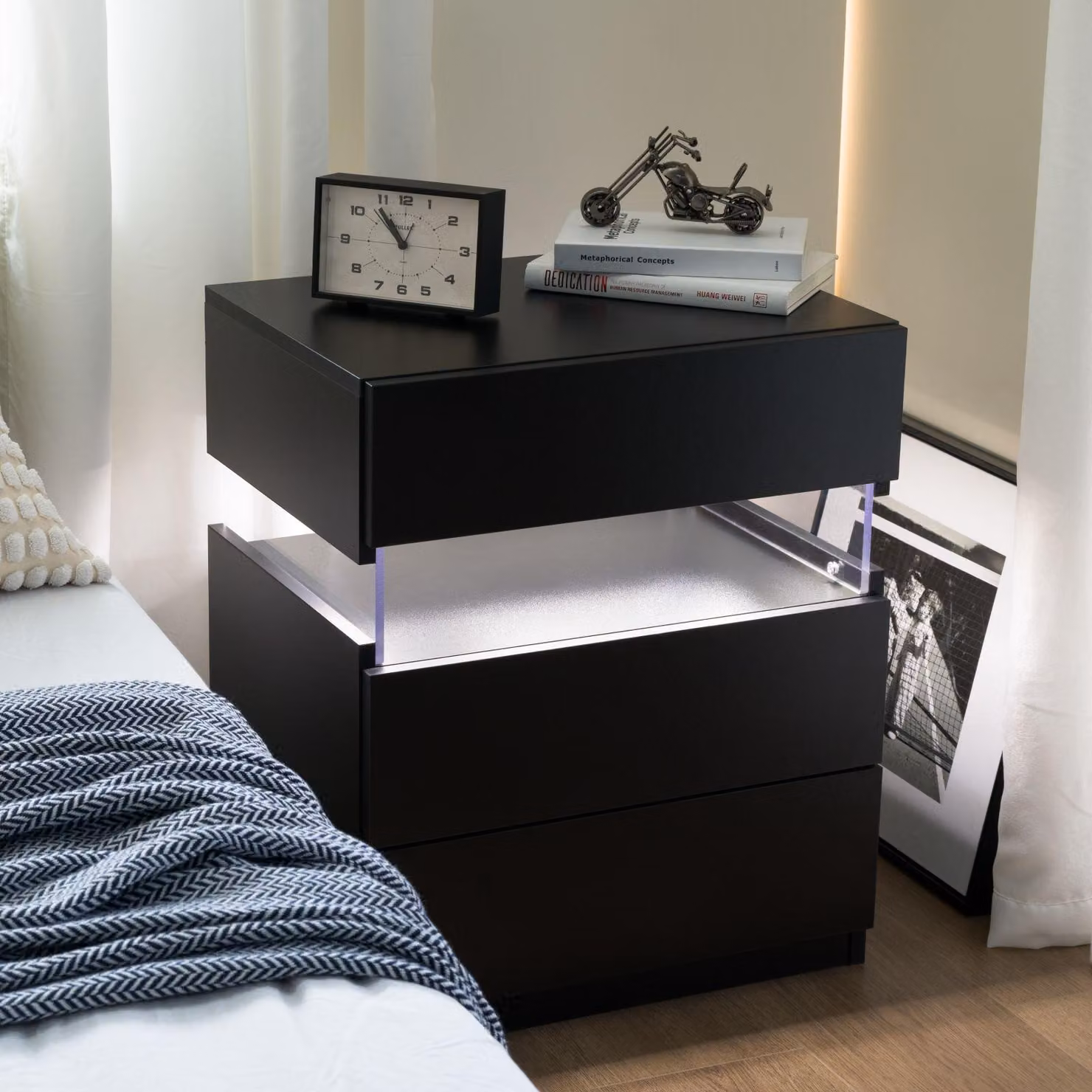 Aosom Black LED Bedside Table with 3 Storage Drawers and Multi-Colour RGB Light, W: 37.5 cm, D: 50 cm, H: 60 cm – 4