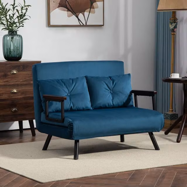 HOMCOM Blue Velvet Click Clack Bed Settee with Metal Frame and Foam Upholstery – 1