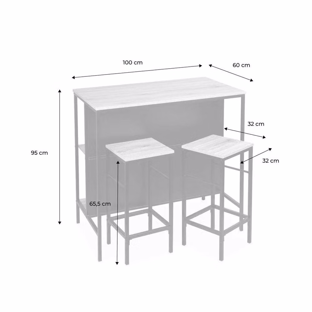 sweeek Industrial Wood and Metal High Table with 2 Stools in Light Brown and Black, W/D/H: 100 x 60 x 95 cm – 3