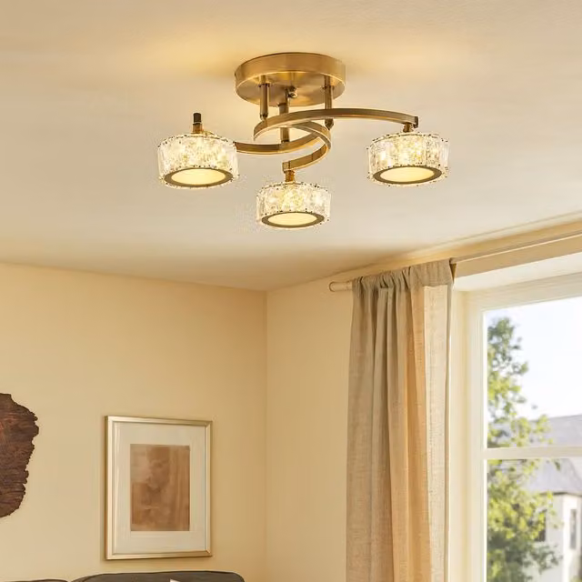 Pagazzi Dilan 3 Light LED Semi Flush Ceiling Light in Gold and Antique Brass with Transparent Glass