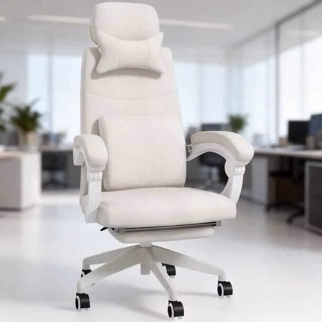 ERGOVEXA Executive Office Chair in Off-White with Linen-Look Fabric, Headrest and 160 Degree Recline – 1
