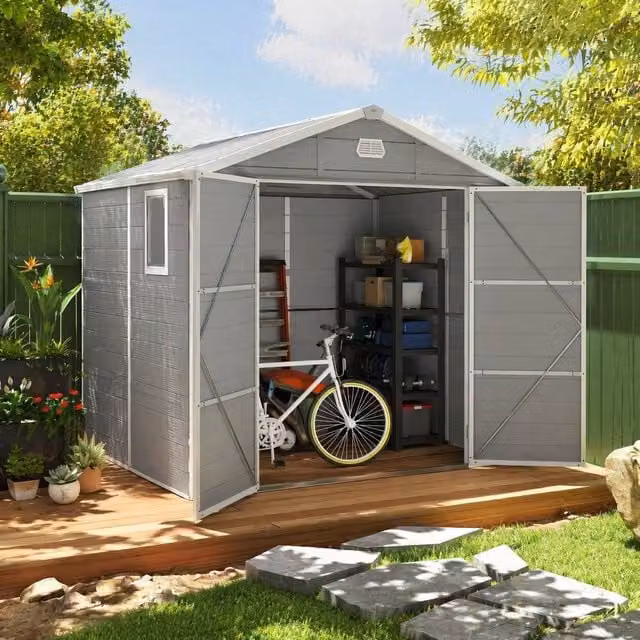 STILVORA Grey Plastic Pent Garden Storage Shed with Lockable Door, W/D/H: 228 x 190 x 190 cm
