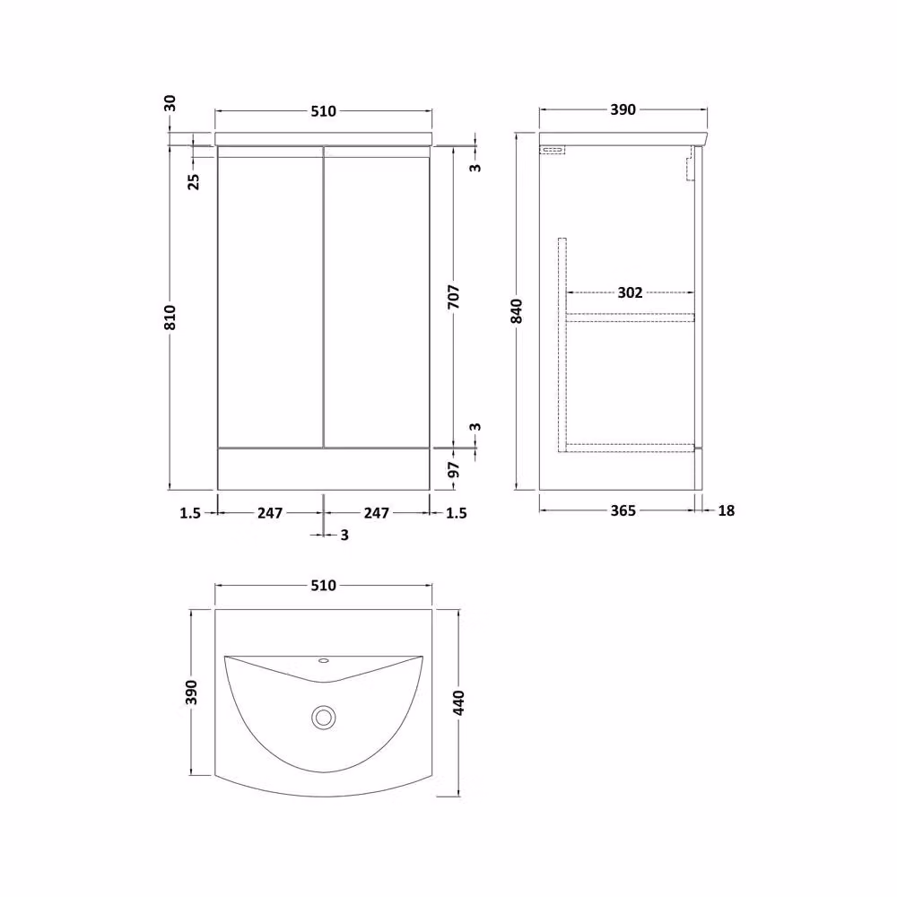 Balterley Mavesyn Contemporary 2 Door Freestanding Bathroom Vanity Unit, Glossy Grey, W: 50 cm, H: 81 cm – 2