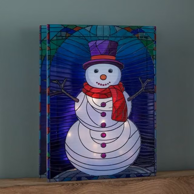 Samuel ALEXANDER Multicolour Stained Glass Snowman Tabletop Decoration with LED Lights, Height: 28 cm