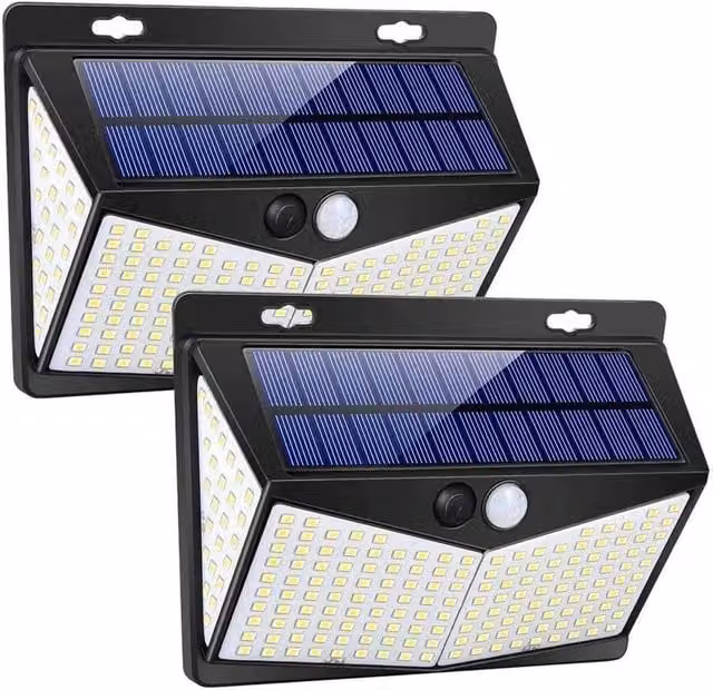 FLAVORA 2 Pack Solar LED Outdoor Security Wall Lights with PIR Motion and Dusk Sensors in Black