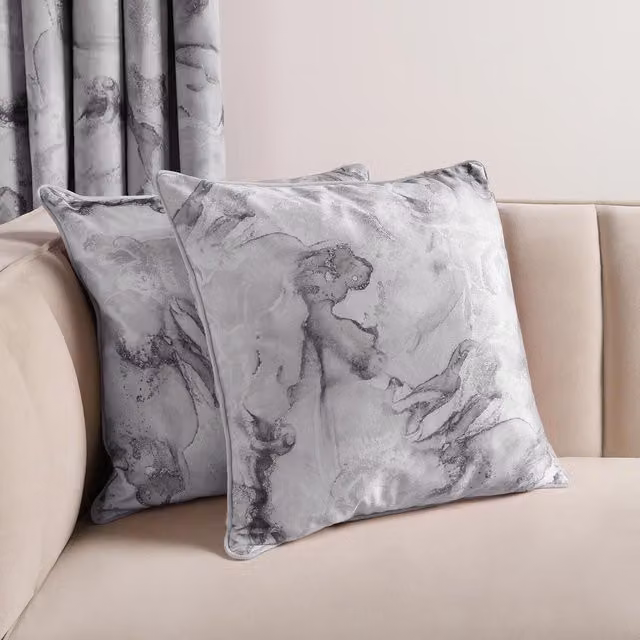 OHS Pack of 2 Grey Velvet Square Cushion Covers with Graphic Marble Design