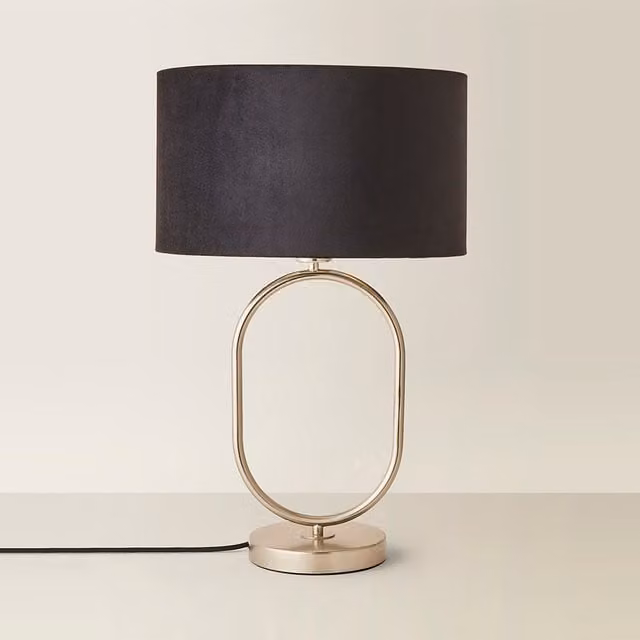 Antonia Brushed Chrome Oval Table Lamp with Black Velvet Drum Shade