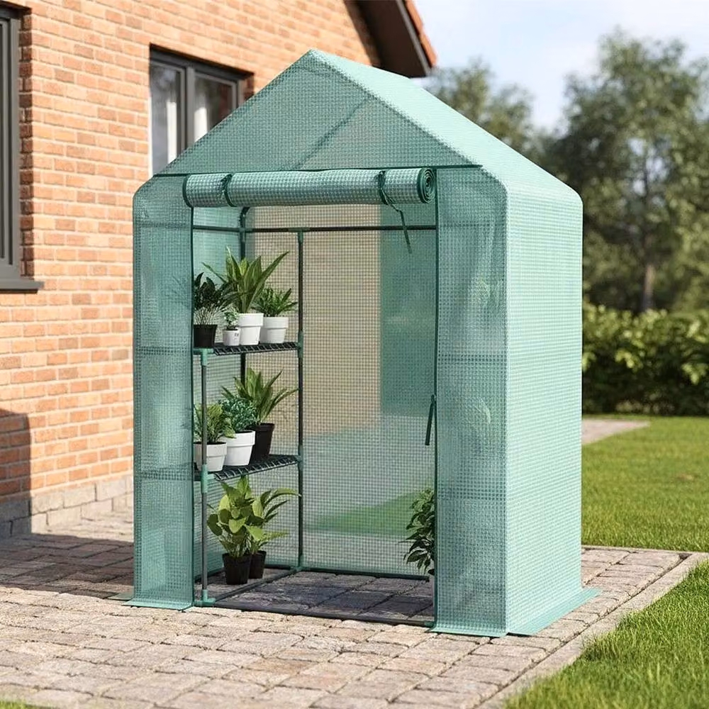 NESTLUNE Walk In Greenhouse Garden with Green PE Frame and Shelving, W/D/H: 100 x 100 x 195 cm – 4