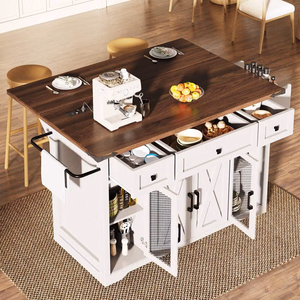 STILVORA Kitchen Trolley with Extendable Worktop and USB in White – 3