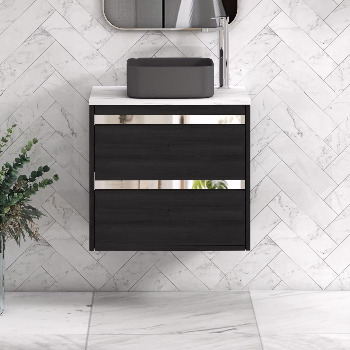 Royal Bathrooms Orion 800mm Hale Black Wall Hung Vanity Unit with Carrara White Countertop and Art Square Basin