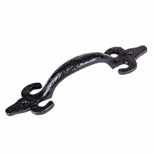 Hammer and Tongs Antique Fleur De Lis Long Backplate Door Handle Set in Matt Black Iron