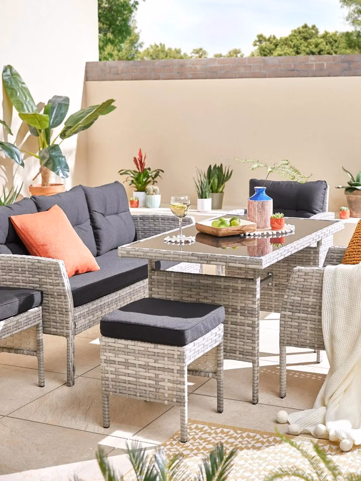 Very Home Desert Casual Dining Set Grey Polyrattan Garden Furniture with Glass Table and Corner Bench
