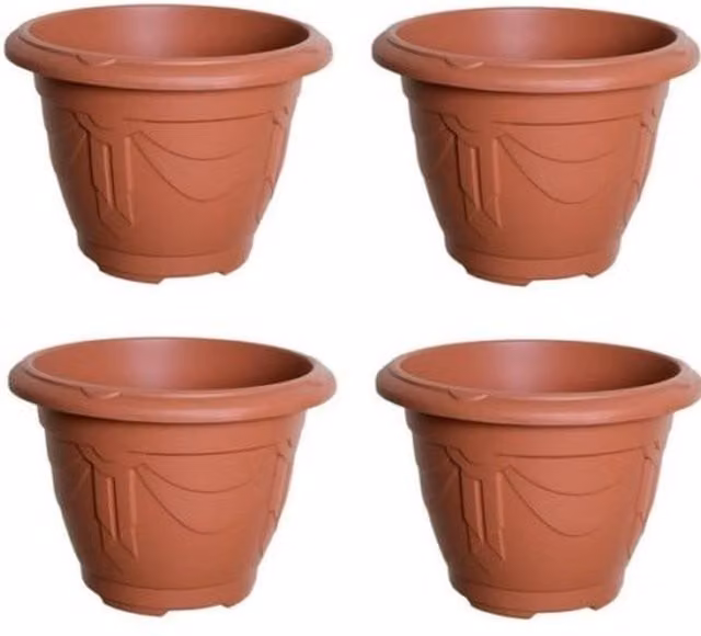 Whitefurze Round Venetian Decorative Plastic Garden Flower Planter, Terracotta, Diameter: 24 cm, Height: 18 cm