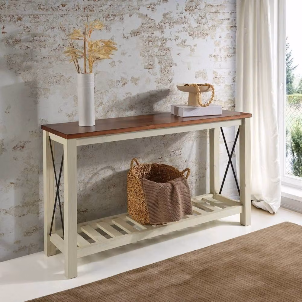 Kelvenix Rustic Pine Sideboard Hall Console Table in White and Brown, W/D/H: 132 x 81 x 40 cm – 4
