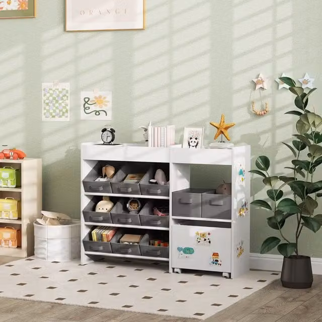 AIYAPLAY Kids Toy Storage Unit with 11 Fabric Bins and 3 Stickers, White